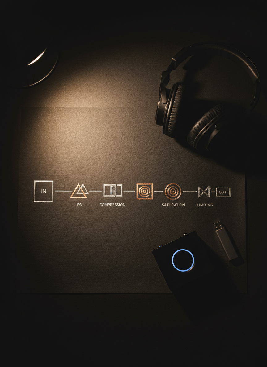A minimalist, top-down photographic view of a mastering chain layout sketched on thick, textured black paper using precise metallic silver and copper ink lines. Stylized icons represent EQ, compression, saturation, and limiting, each rendered as geometric symbols with sharp edges and subtle shading. Around the diagram lie a few carefully placed studio objects: a matte-black reference headphone, a compact audio interface with glowing status ring, and a slim, brushed steel USB drive. A single directional desk lamp casts a soft, focused pool of light from the upper left, creating refined shadows and highlighting the paper’s grain. The background fades into deep, unobtrusive darkness. The composition is balanced and graphic, with a calm, intellectual atmosphere that communicates clarity of process, signal flow, and sonic identity through clean, modern photographic realism.